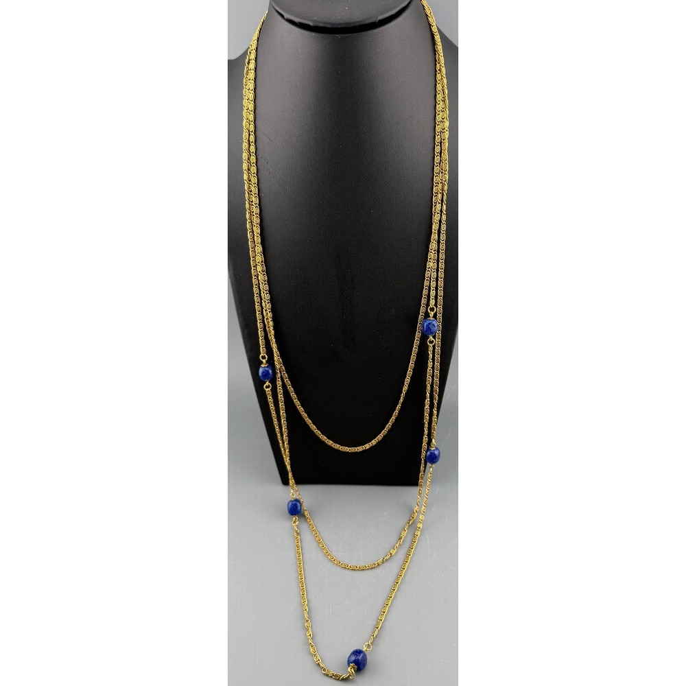 Vintage Goldette Triple Strand Necklace Blue Aventurine Art Glass Beads 34"